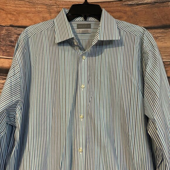 Thomas Dean XXL Blue Striped Flip Cuff Long Sleeve Cotton Button Up Preppy Shirt - Picture 2 of 7